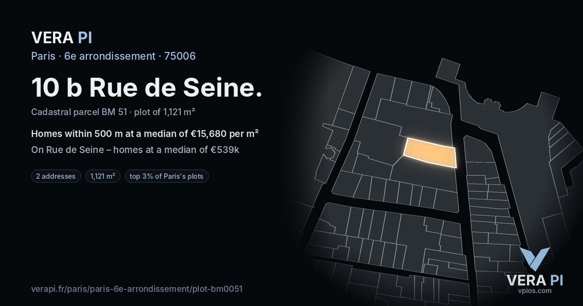 10 b Rue de Seine, 6e arrondissement at night – the plot lit, the parcels around coloured by the prices near them