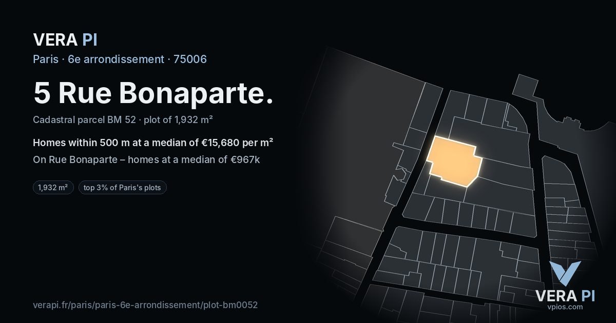 5 Rue Bonaparte, 6e arrondissement at night – the plot lit, the parcels around coloured by the prices near them