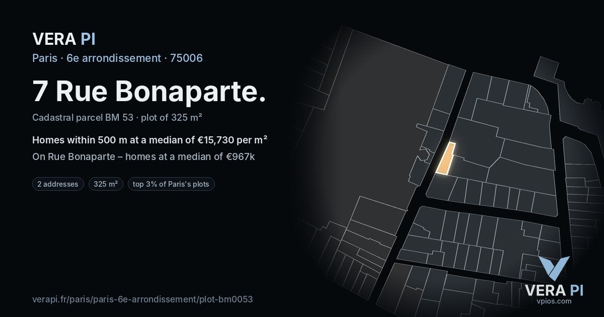 7 Rue Bonaparte, 6e arrondissement at night – the plot lit, the parcels around coloured by the prices near them