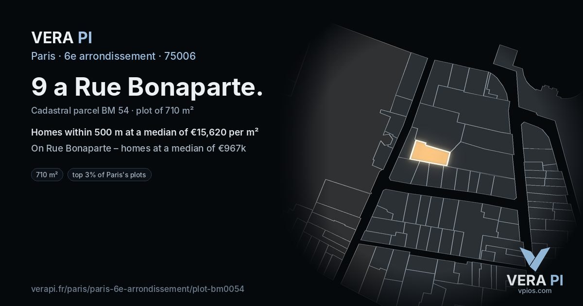 9 a Rue Bonaparte, 6e arrondissement at night – the plot lit, the parcels around coloured by the prices near them