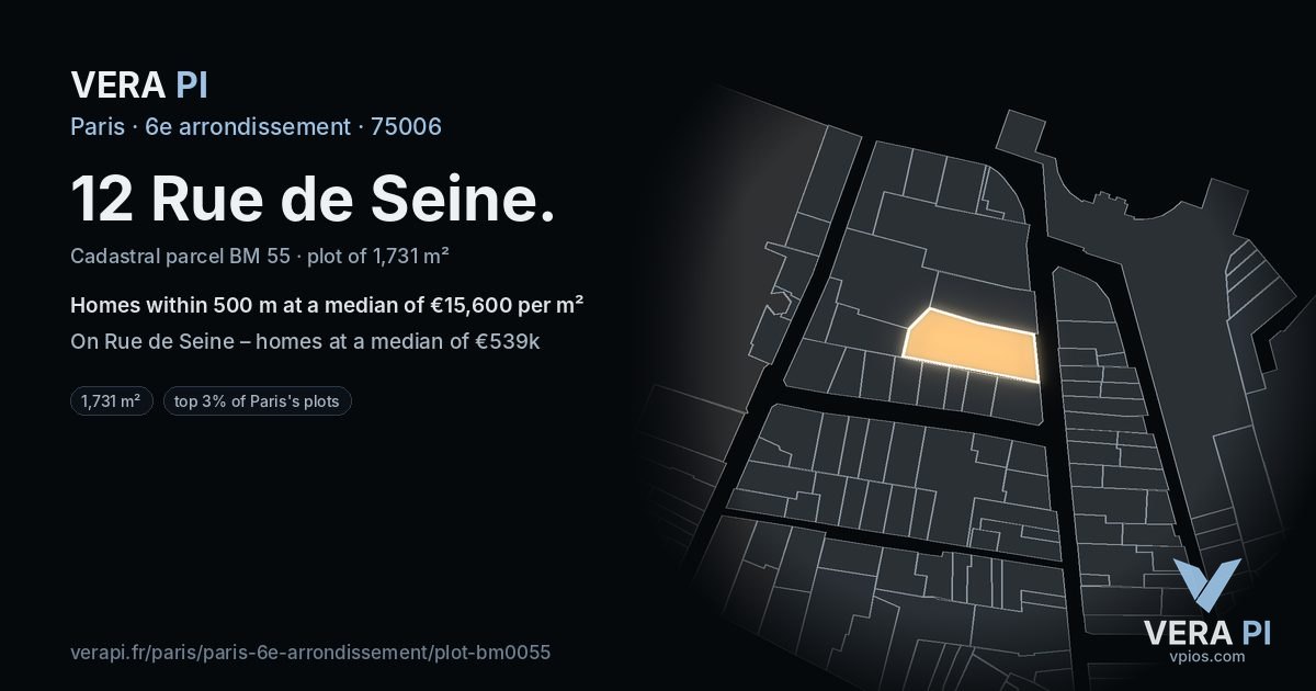 12 Rue de Seine, 6e arrondissement at night – the plot lit, the parcels around coloured by the prices near them