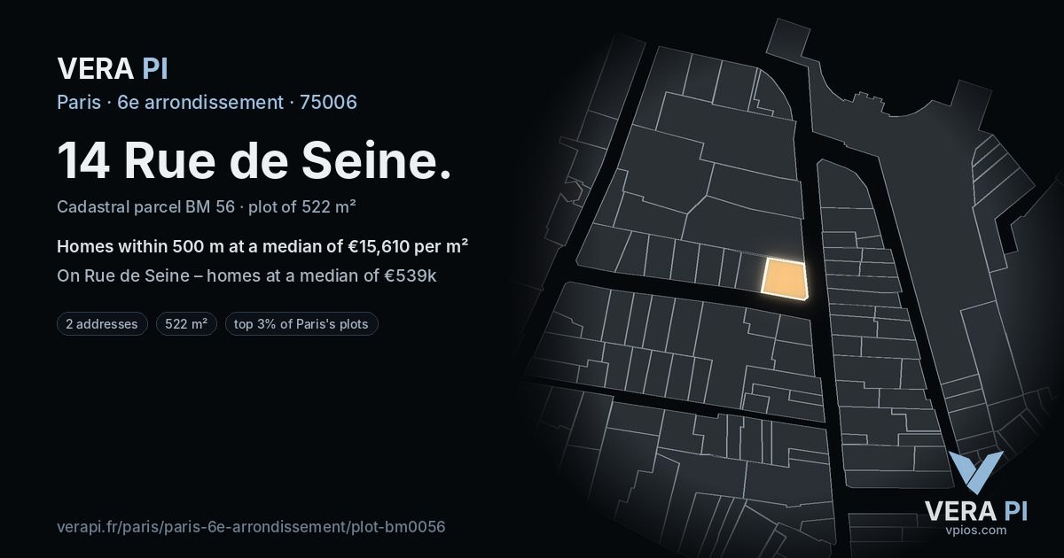 14 Rue de Seine, 6e arrondissement at night – the plot lit, the parcels around coloured by the prices near them