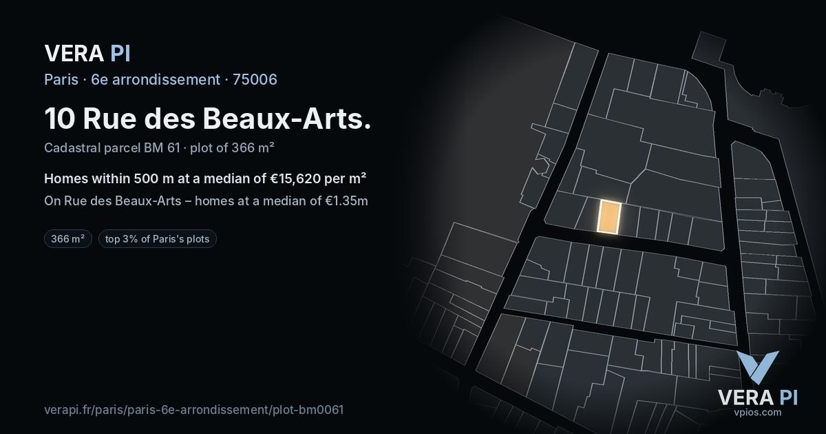 10 Rue des Beaux-Arts, 6e arrondissement at night – the plot lit, the parcels around coloured by the prices near them