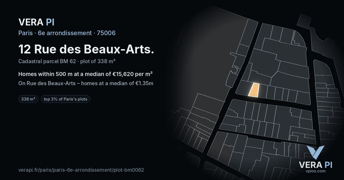 12 Rue des Beaux-Arts, 6e arrondissement at night – the plot lit, the parcels around coloured by the prices near them