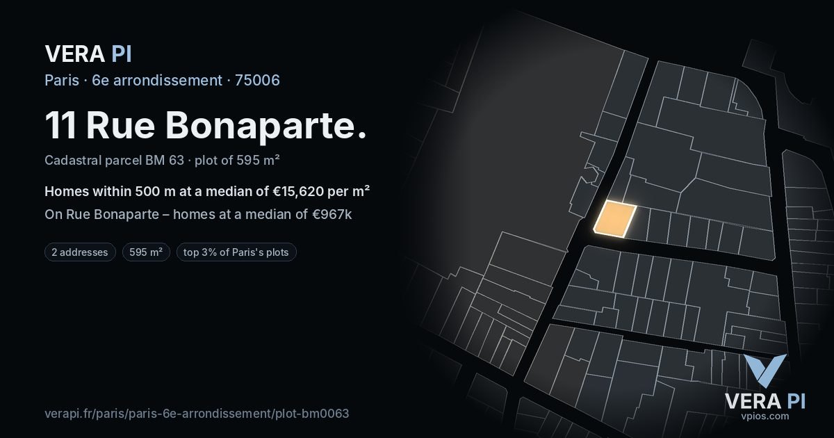 11 Rue Bonaparte, 6e arrondissement at night – the plot lit, the parcels around coloured by the prices near them