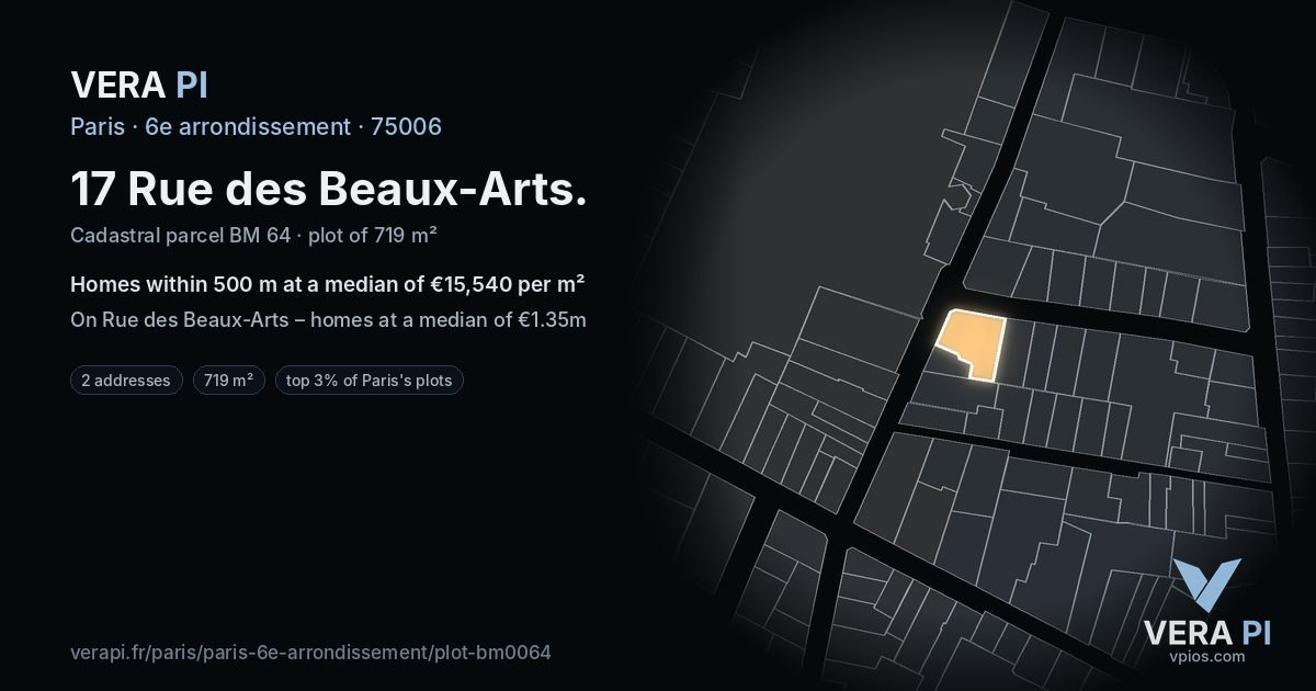 17 Rue des Beaux-Arts, 6e arrondissement at night – the plot lit, the parcels around coloured by the prices near them