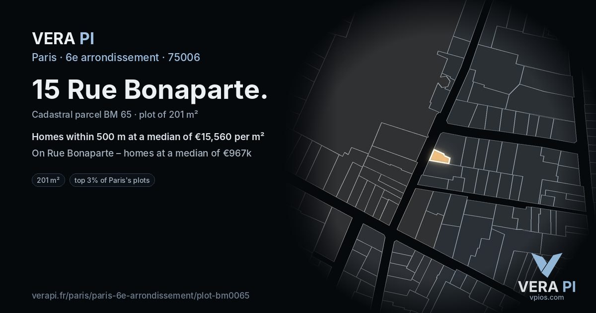 15 Rue Bonaparte, 6e arrondissement at night – the plot lit, the parcels around coloured by the prices near them