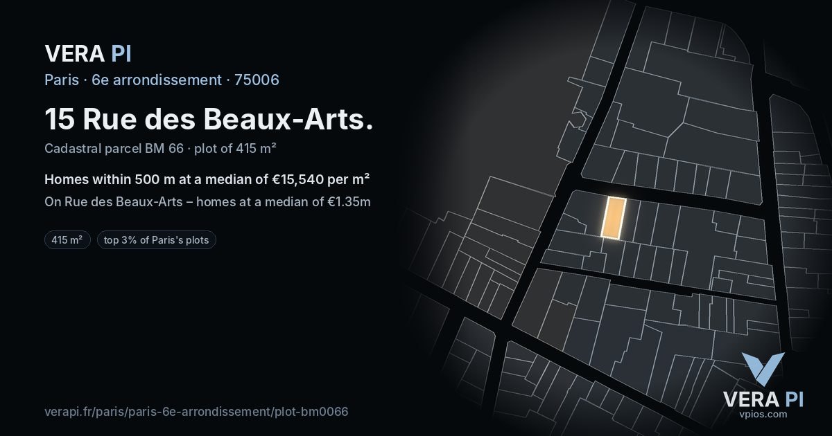 15 Rue des Beaux-Arts, 6e arrondissement at night – the plot lit, the parcels around coloured by the prices near them