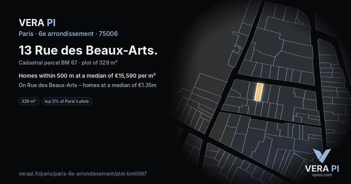13 Rue des Beaux-Arts, 6e arrondissement at night – the plot lit, the parcels around coloured by the prices near them