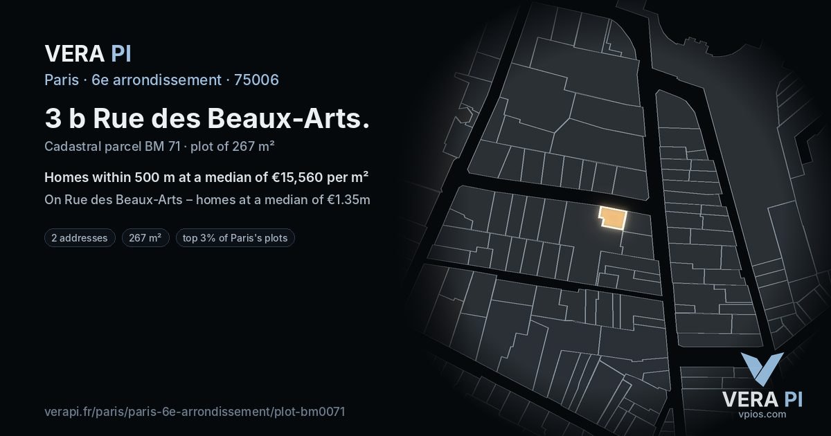 3 b Rue des Beaux-Arts, 6e arrondissement at night – the plot lit, the parcels around coloured by the prices near them
