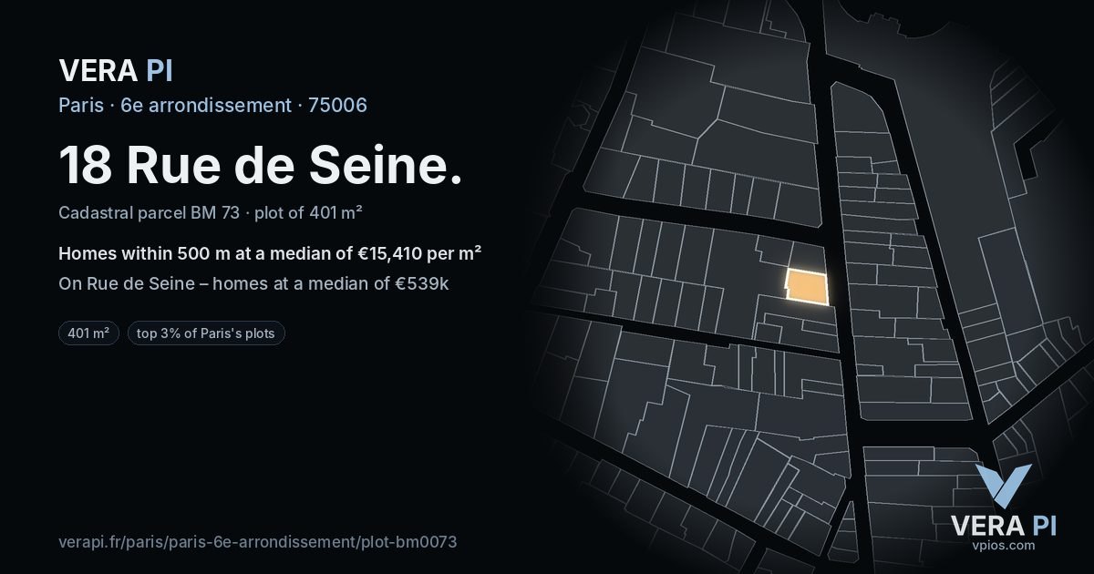18 Rue de Seine, 6e arrondissement at night – the plot lit, the parcels around coloured by the prices near them
