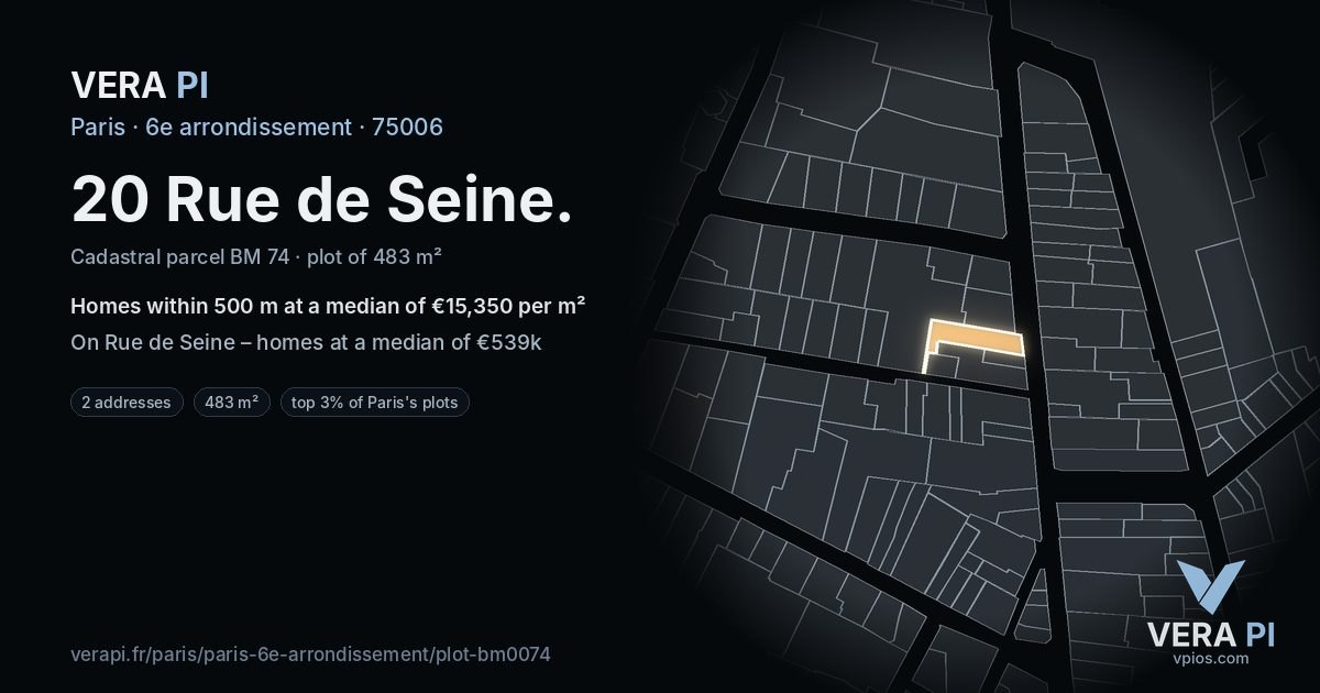 20 Rue de Seine, 6e arrondissement at night – the plot lit, the parcels around coloured by the prices near them