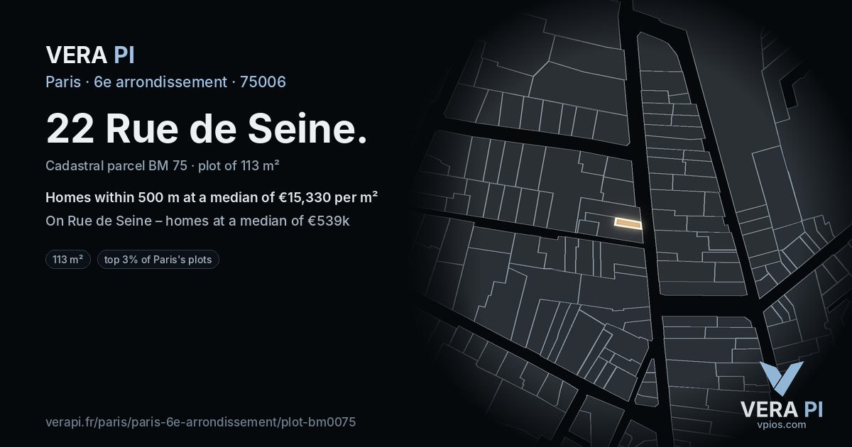 22 Rue de Seine, 6e arrondissement at night – the plot lit, the parcels around coloured by the prices near them