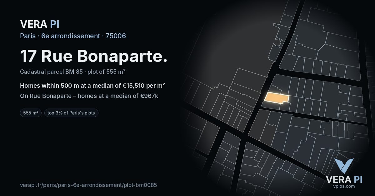 17 Rue Bonaparte, 6e arrondissement at night – the plot lit, the parcels around coloured by the prices near them