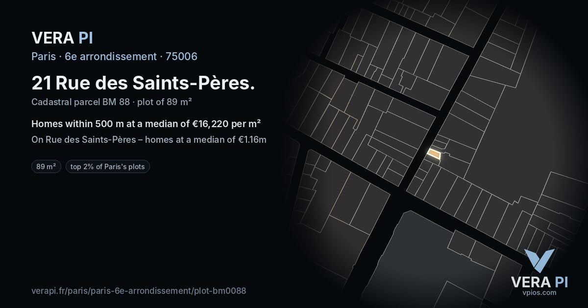 21 Rue des Saints-Pères, 6e arrondissement at night – the plot lit, the parcels around coloured by the prices near them