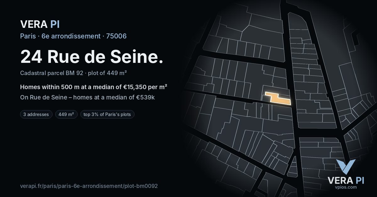 24 Rue de Seine, 6e arrondissement at night – the plot lit, the parcels around coloured by the prices near them