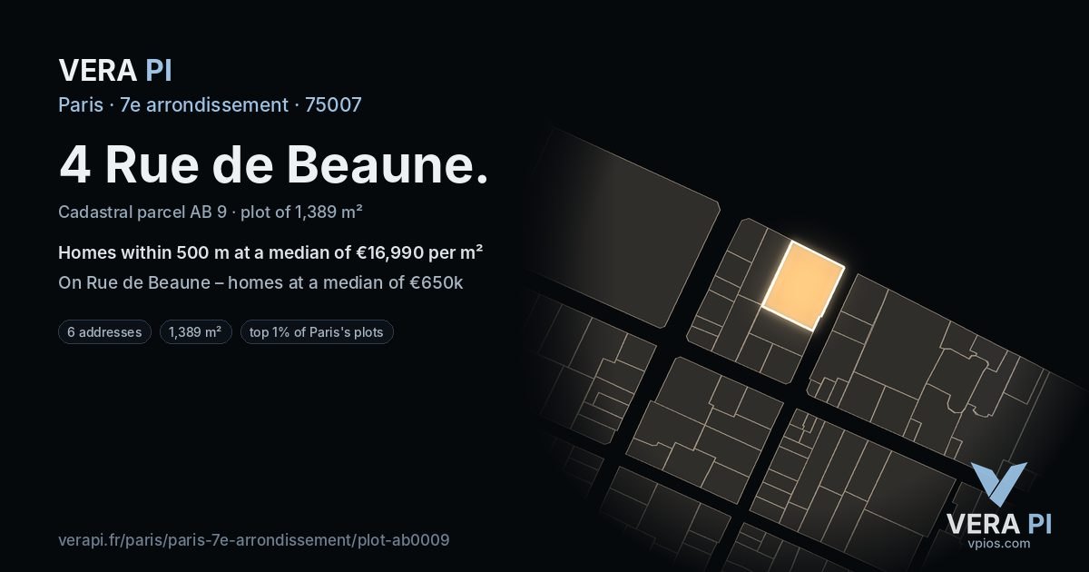 4 Rue de Beaune, 7e arrondissement at night – the plot lit, the parcels around coloured by the prices near them