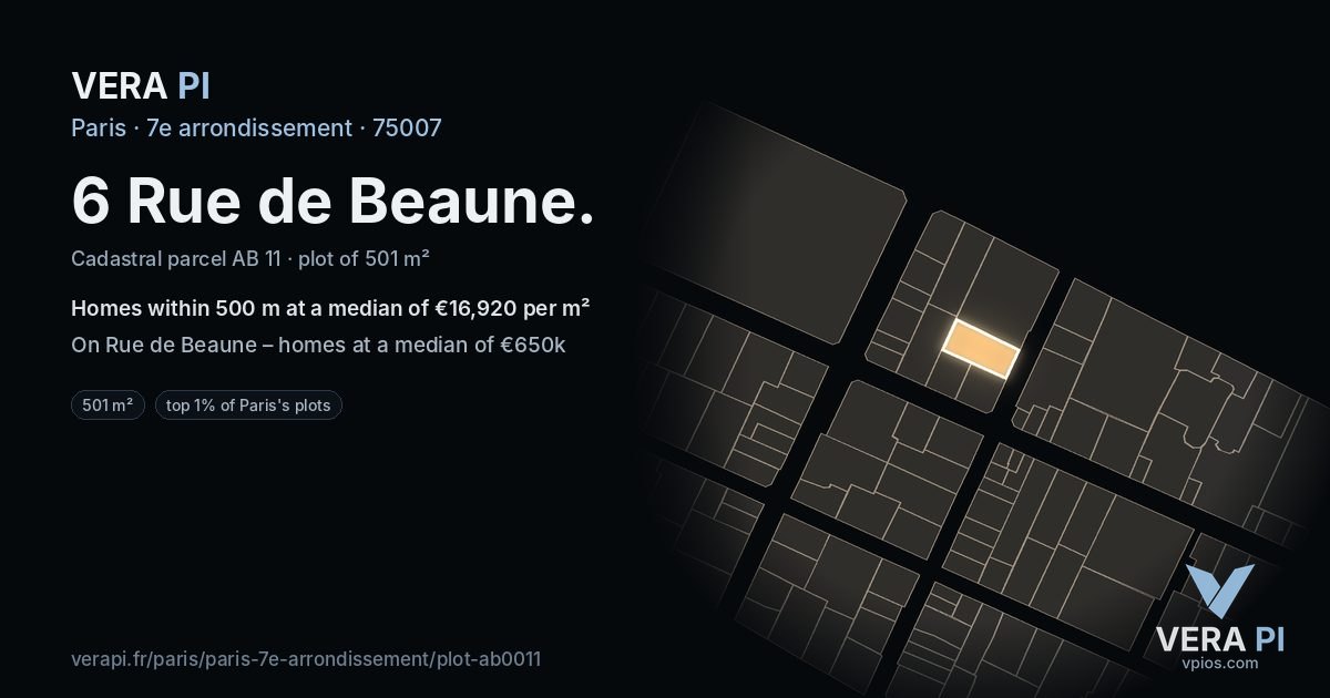 6 Rue de Beaune, 7e arrondissement at night – the plot lit, the parcels around coloured by the prices near them