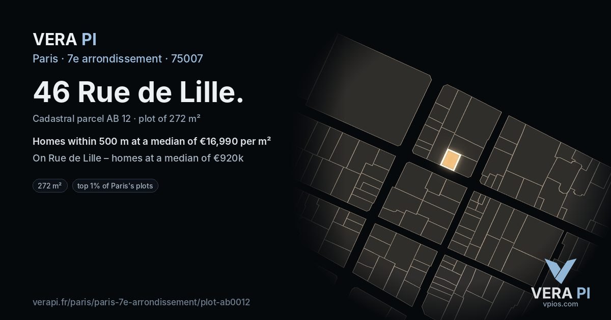 46 Rue de Lille, 7e arrondissement at night – the plot lit, the parcels around coloured by the prices near them