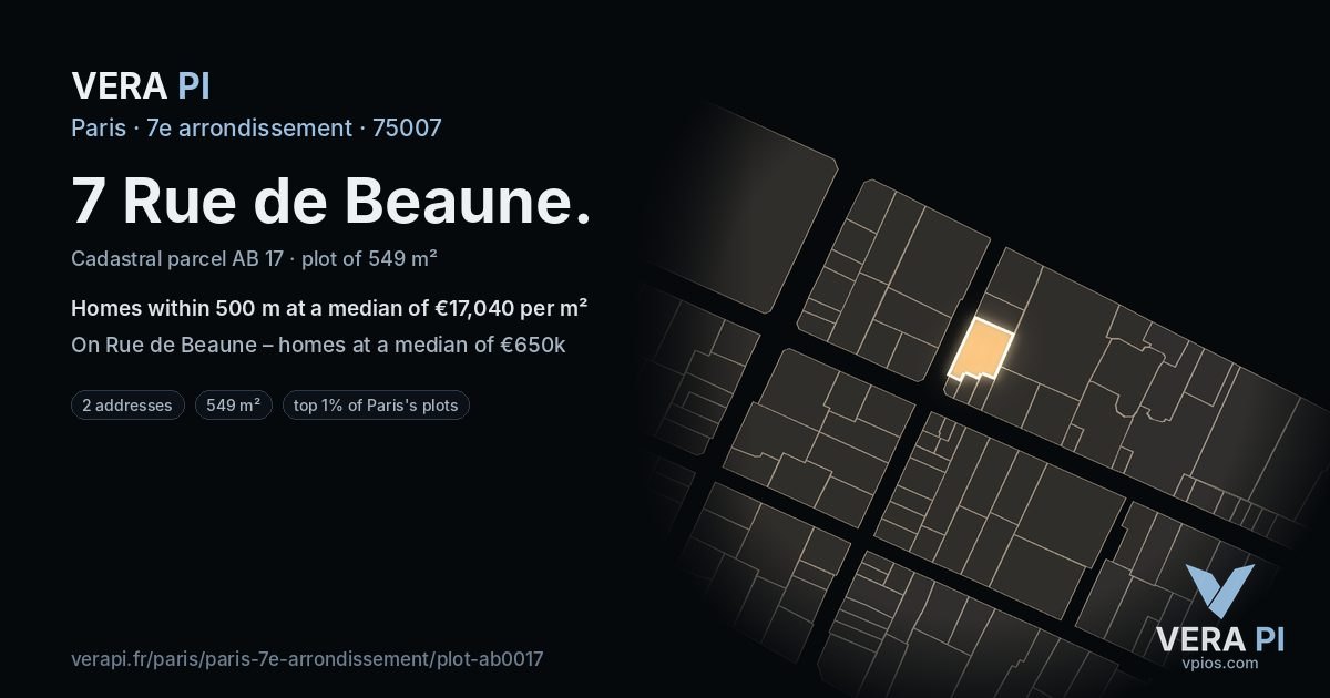 7 Rue de Beaune, 7e arrondissement at night – the plot lit, the parcels around coloured by the prices near them