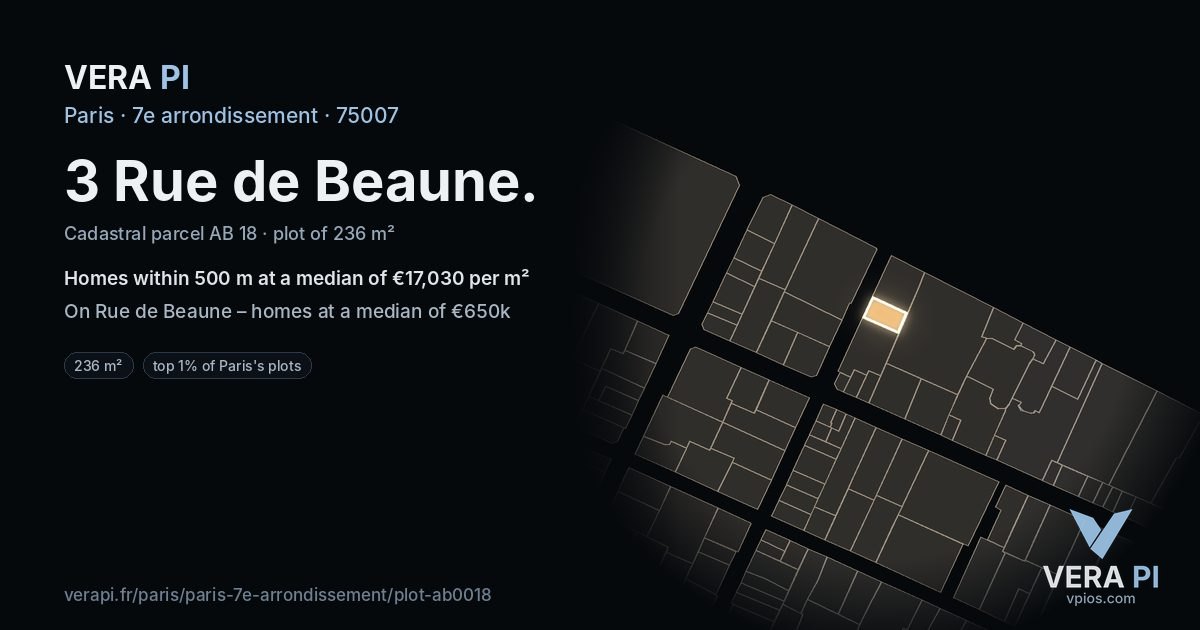 3 Rue de Beaune, 7e arrondissement at night – the plot lit, the parcels around coloured by the prices near them