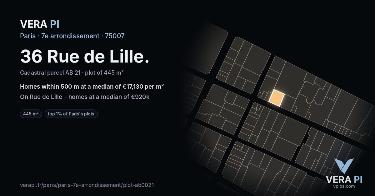 36 Rue de Lille, 7e arrondissement at night – the plot lit, the parcels around coloured by the prices near them