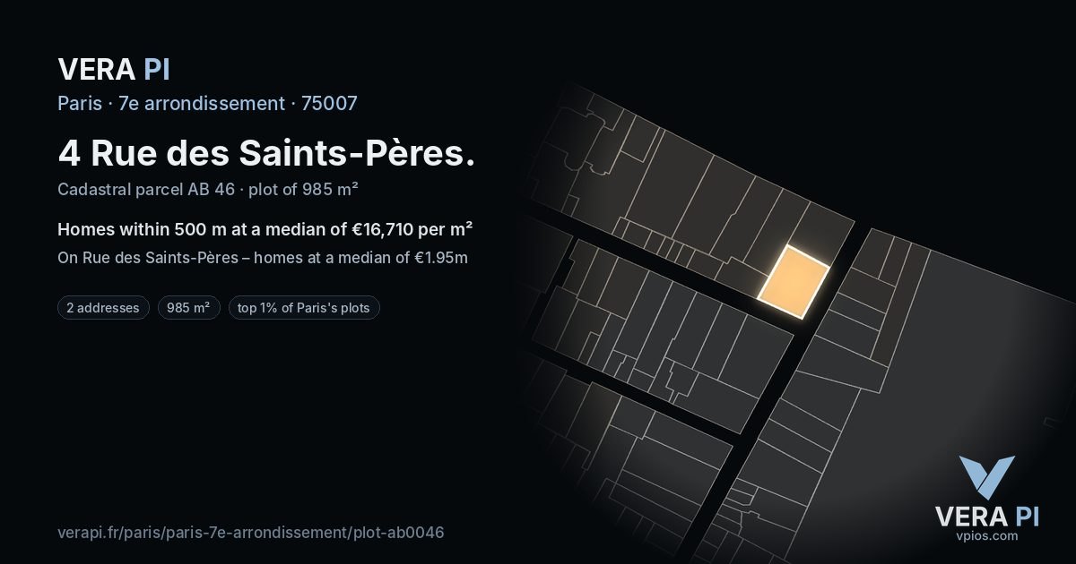 4 Rue des Saints-Pères, 7e arrondissement at night – the plot lit, the parcels around coloured by the prices near them