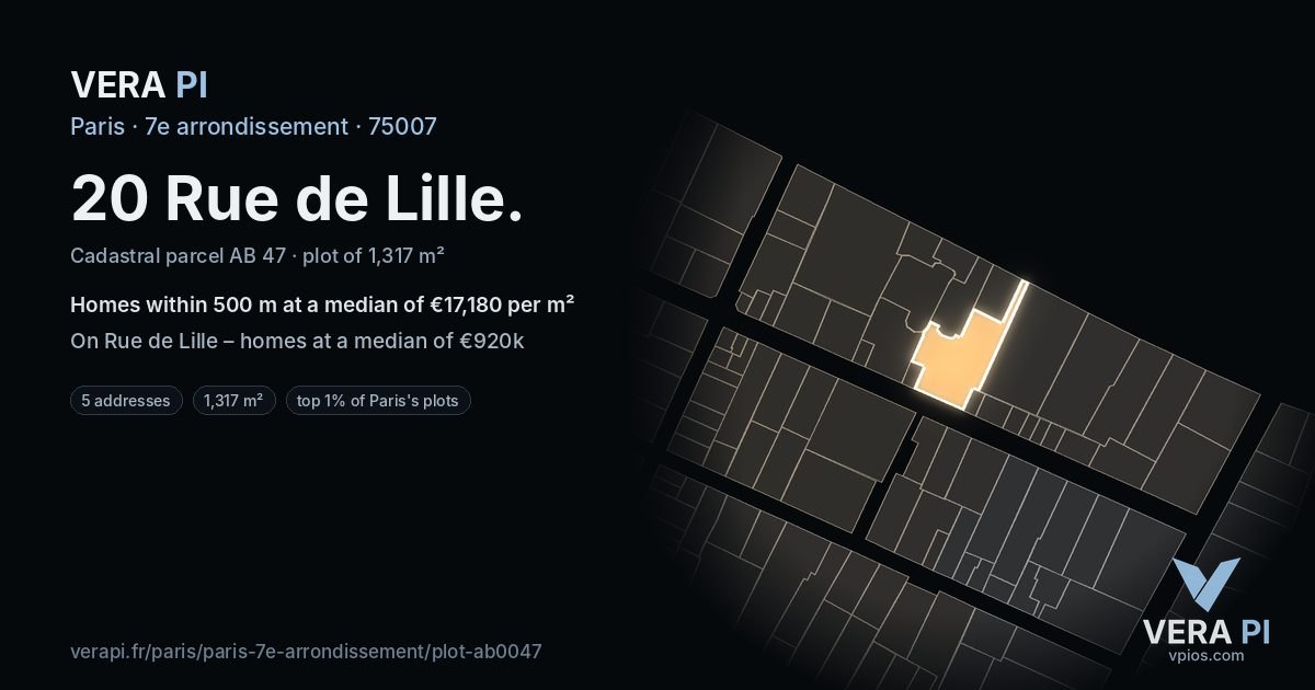 20 Rue de Lille, 7e arrondissement at night – the plot lit, the parcels around coloured by the prices near them