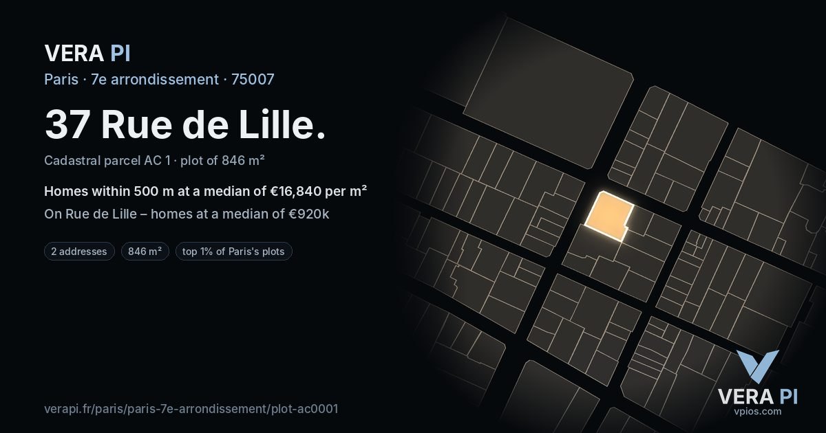 37 Rue de Lille, 7e arrondissement at night – the plot lit, the parcels around coloured by the prices near them