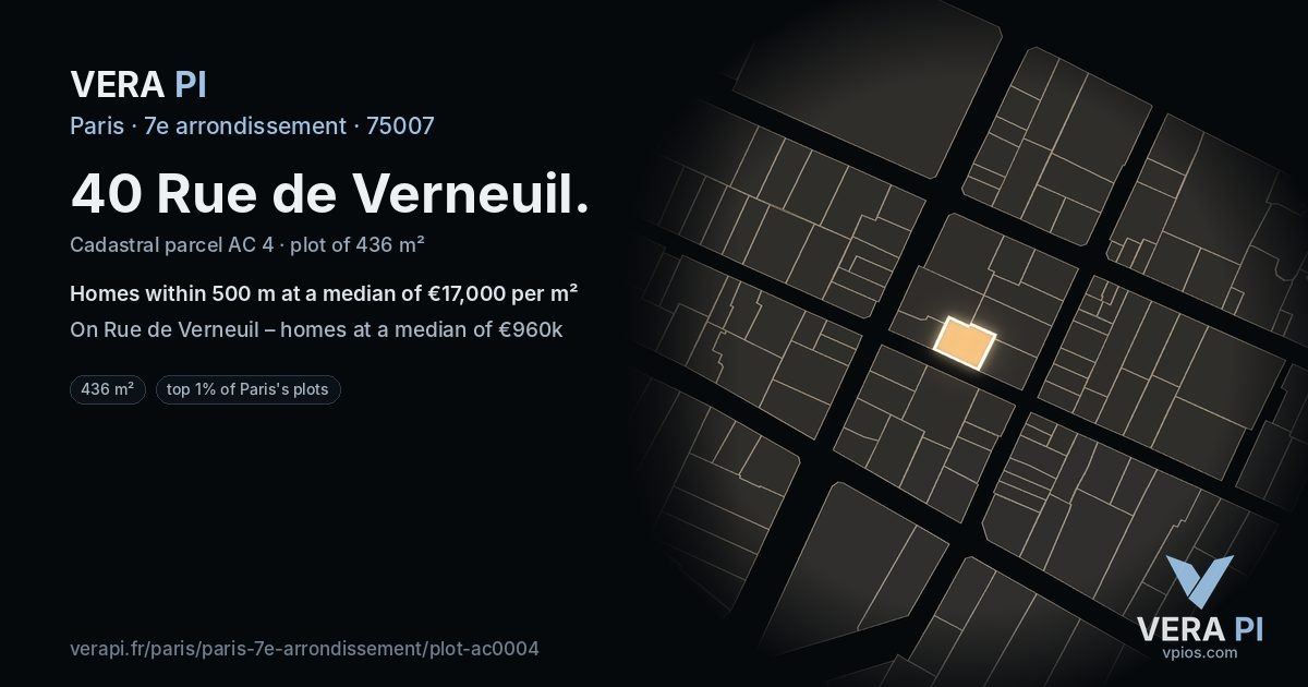 40 Rue de Verneuil, 7e arrondissement at night – the plot lit, the parcels around coloured by the prices near them