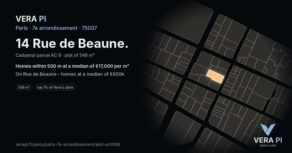 14 Rue de Beaune, 7e arrondissement at night – the plot lit, the parcels around coloured by the prices near them