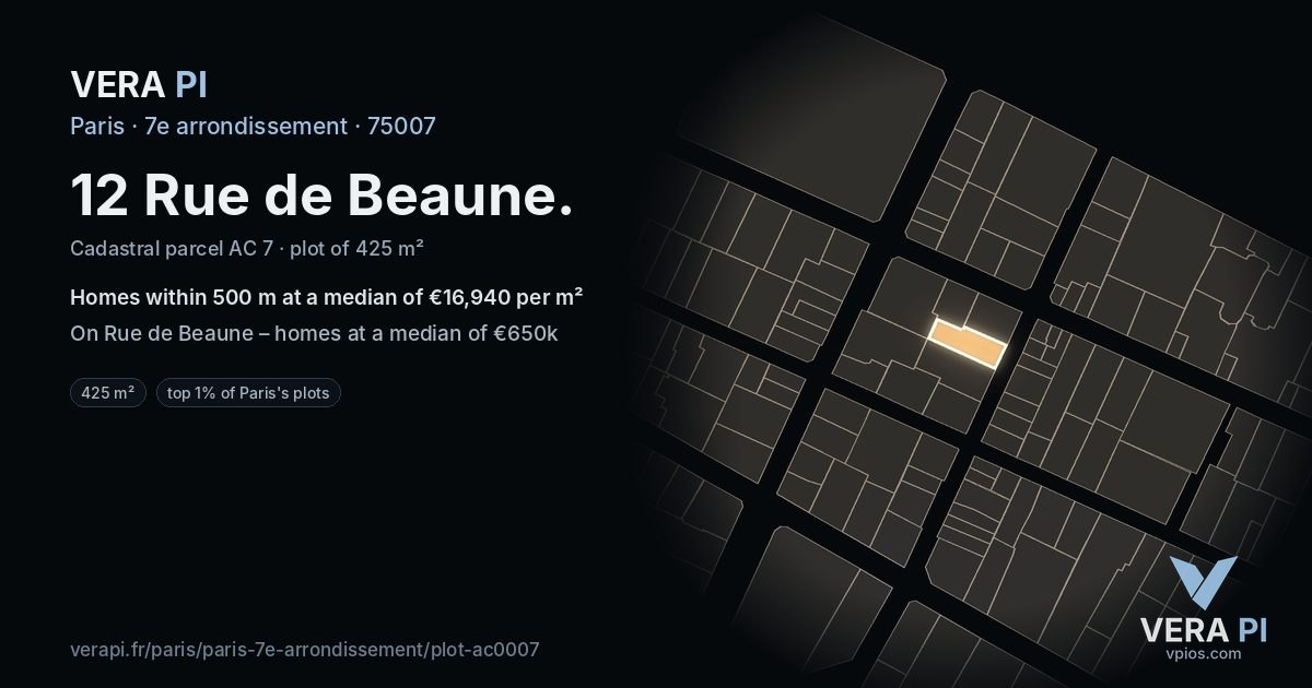 12 Rue de Beaune, 7e arrondissement at night – the plot lit, the parcels around coloured by the prices near them