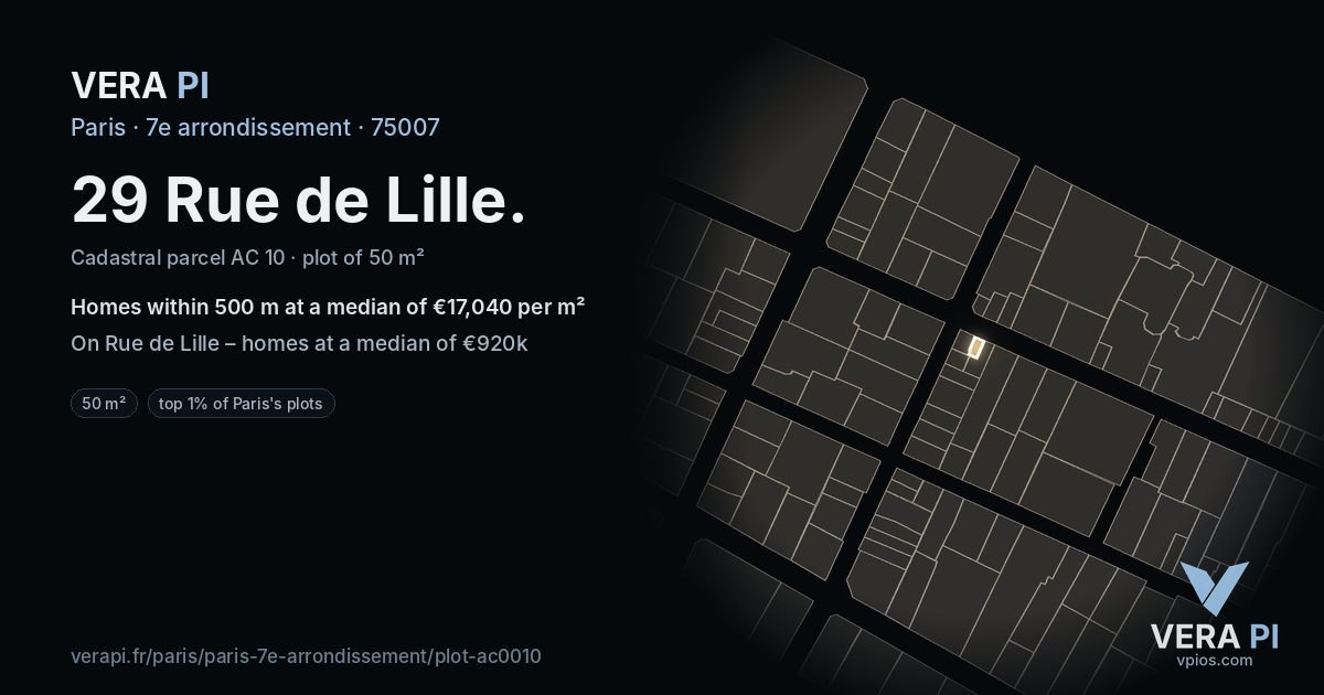 29 Rue de Lille, 7e arrondissement at night – the plot lit, the parcels around coloured by the prices near them