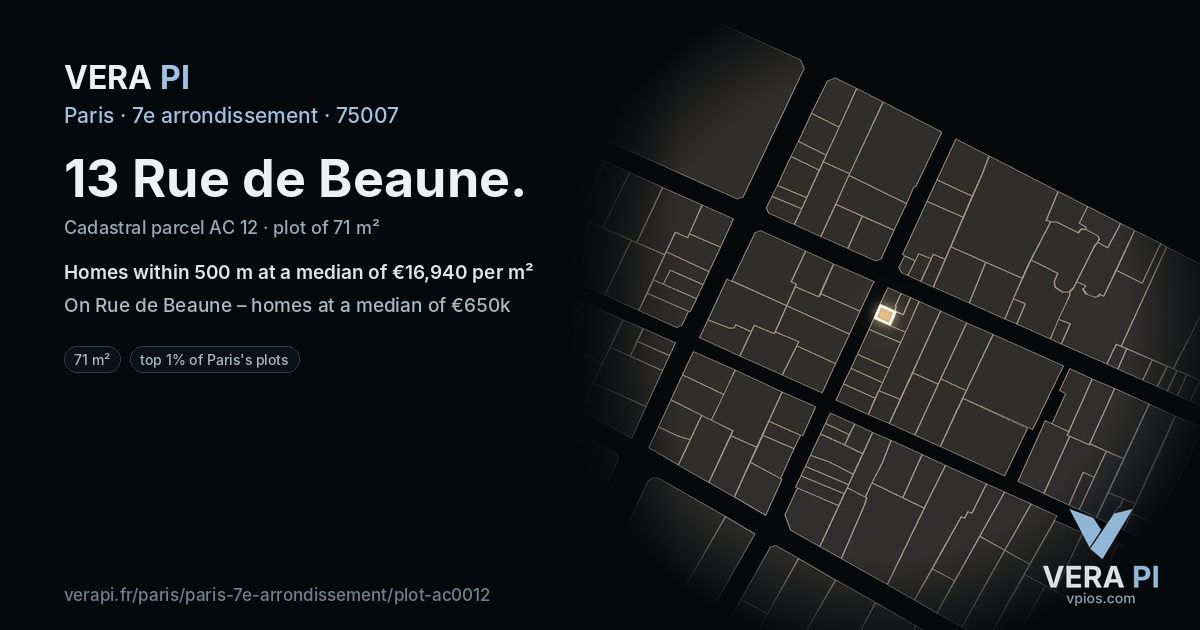 13 Rue de Beaune, 7e arrondissement at night – the plot lit, the parcels around coloured by the prices near them
