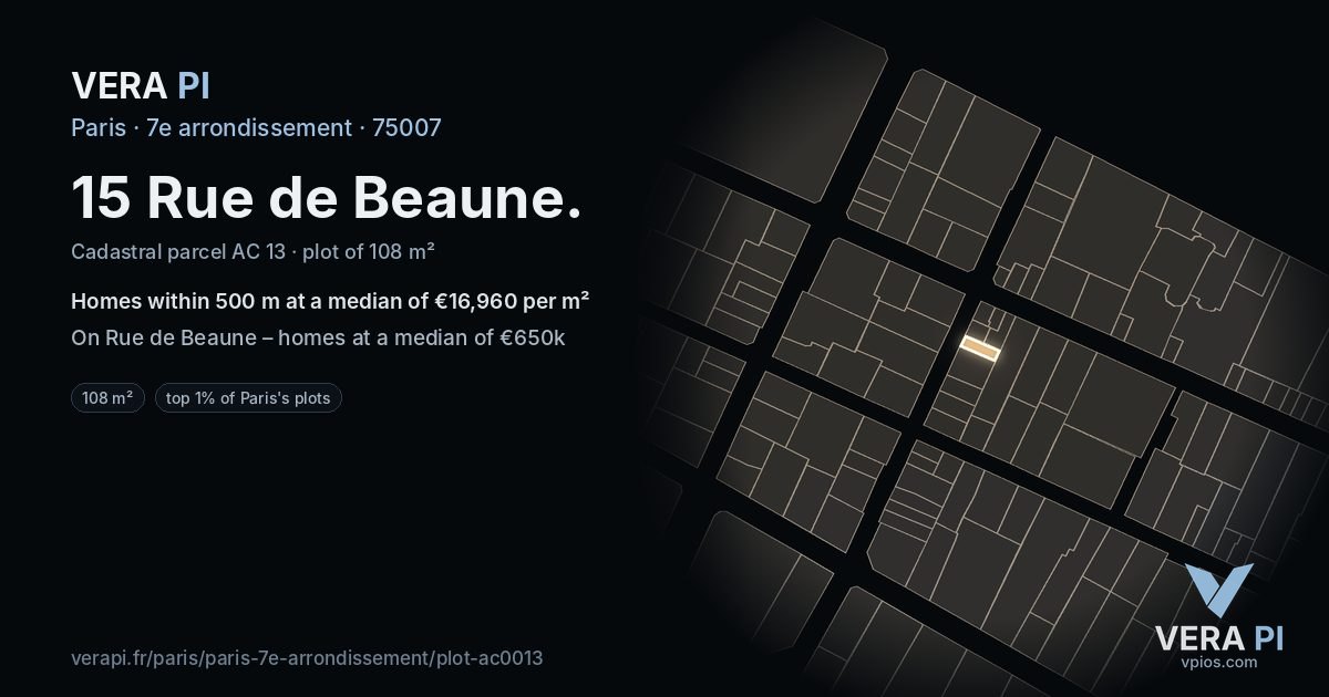 15 Rue de Beaune, 7e arrondissement at night – the plot lit, the parcels around coloured by the prices near them