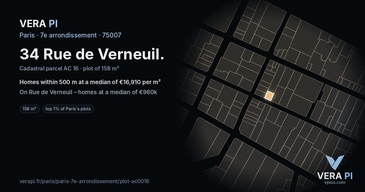 34 Rue de Verneuil, 7e arrondissement at night – the plot lit, the parcels around coloured by the prices near them
