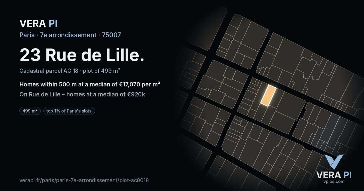 23 Rue de Lille, 7e arrondissement at night – the plot lit, the parcels around coloured by the prices near them