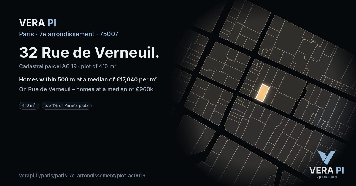 32 Rue de Verneuil, 7e arrondissement at night – the plot lit, the parcels around coloured by the prices near them