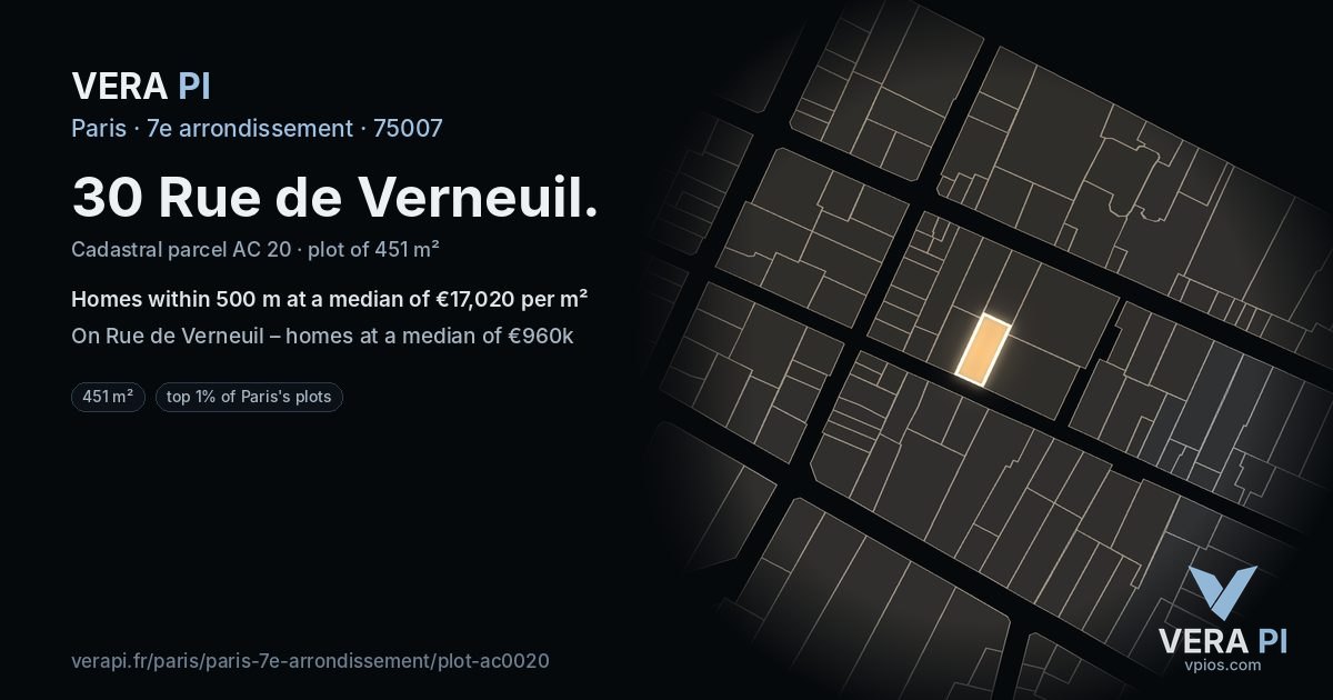 30 Rue de Verneuil, 7e arrondissement at night – the plot lit, the parcels around coloured by the prices near them