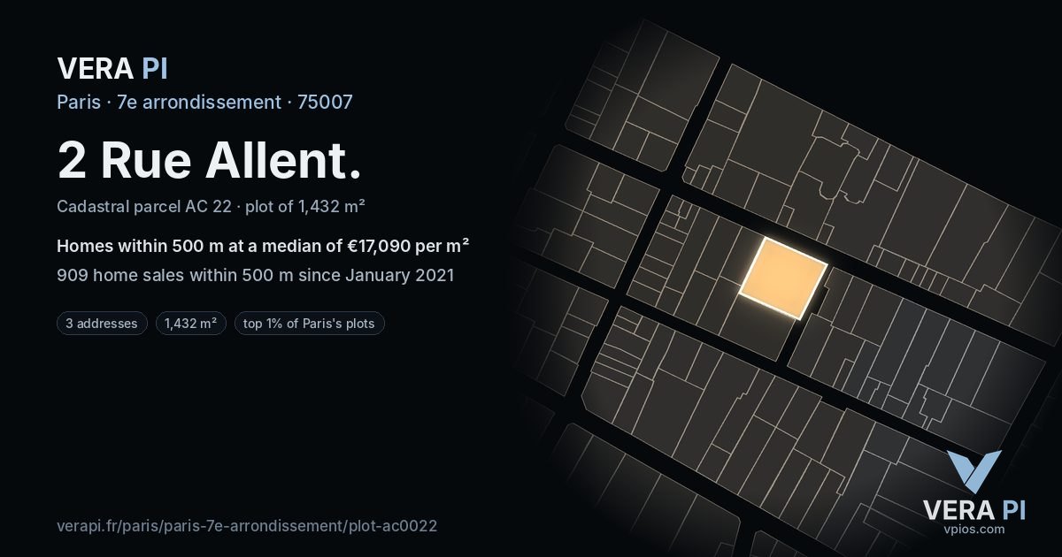 2 Rue Allent, 7e arrondissement at night – the plot lit, the parcels around coloured by the prices near them
