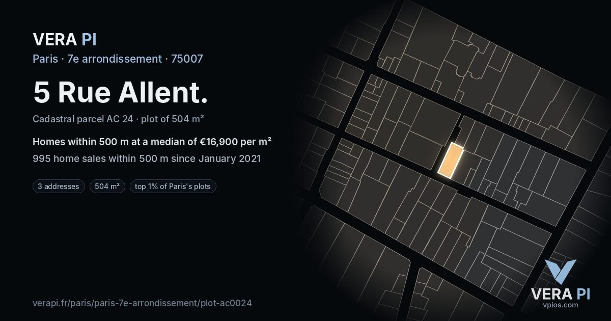 5 Rue Allent, 7e arrondissement at night – the plot lit, the parcels around coloured by the prices near them