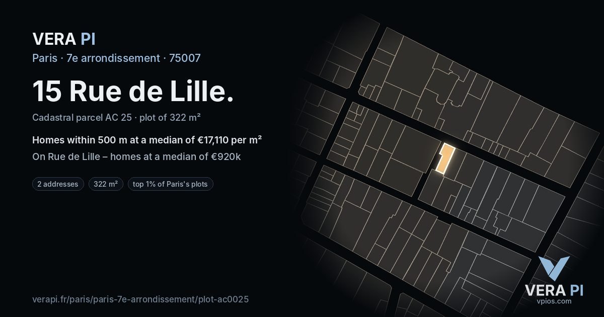 15 Rue de Lille, 7e arrondissement at night – the plot lit, the parcels around coloured by the prices near them