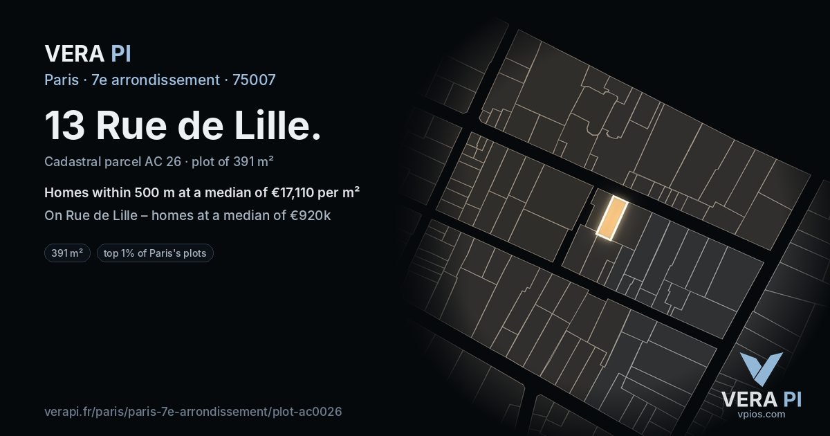 13 Rue de Lille, 7e arrondissement at night – the plot lit, the parcels around coloured by the prices near them