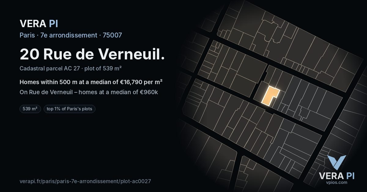 20 Rue de Verneuil, 7e arrondissement at night – the plot lit, the parcels around coloured by the prices near them