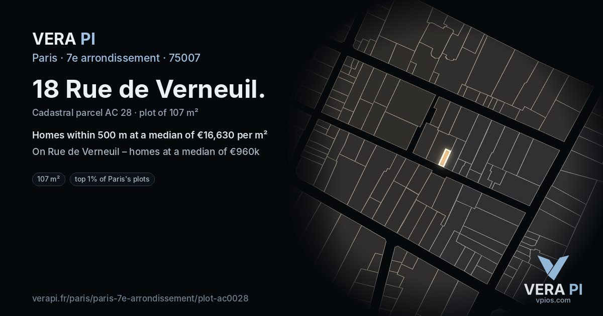 18 Rue de Verneuil, 7e arrondissement at night – the plot lit, the parcels around coloured by the prices near them
