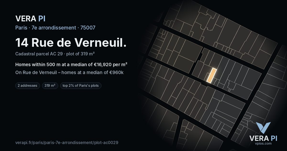 14 Rue de Verneuil, 7e arrondissement at night – the plot lit, the parcels around coloured by the prices near them