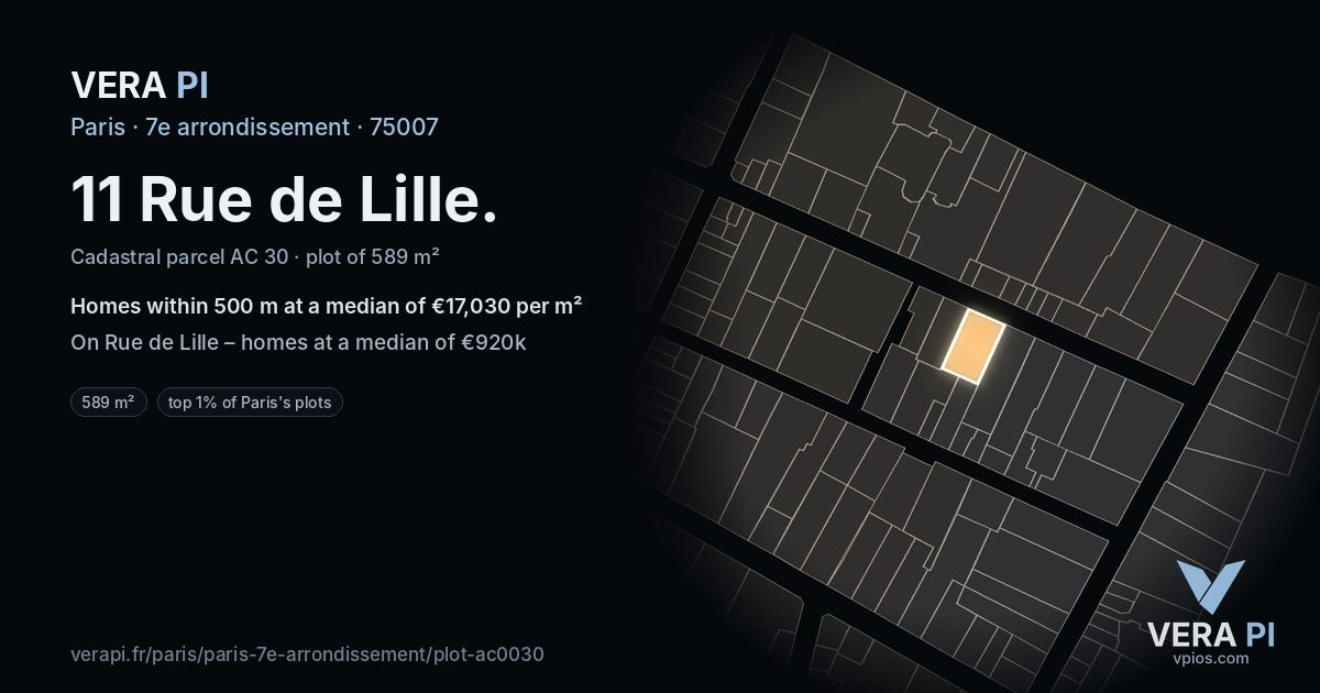 11 Rue de Lille, 7e arrondissement at night – the plot lit, the parcels around coloured by the prices near them