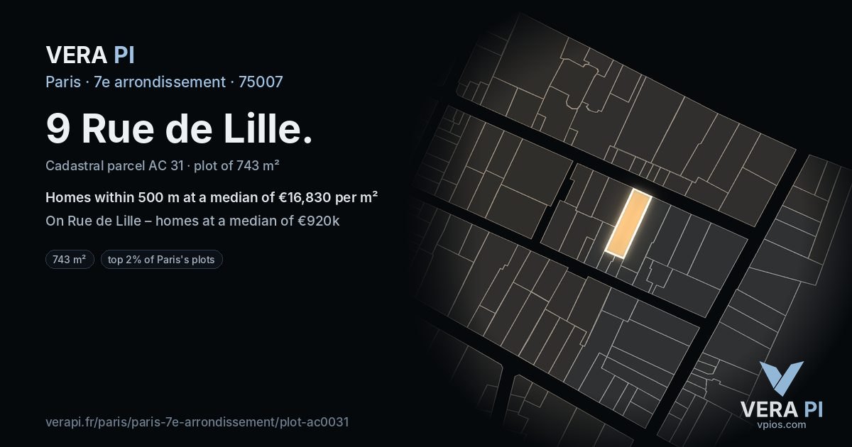 9 Rue de Lille, 7e arrondissement at night – the plot lit, the parcels around coloured by the prices near them