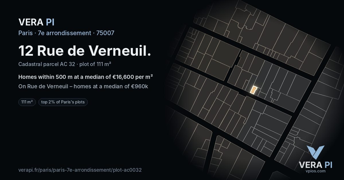 12 Rue de Verneuil, 7e arrondissement at night – the plot lit, the parcels around coloured by the prices near them