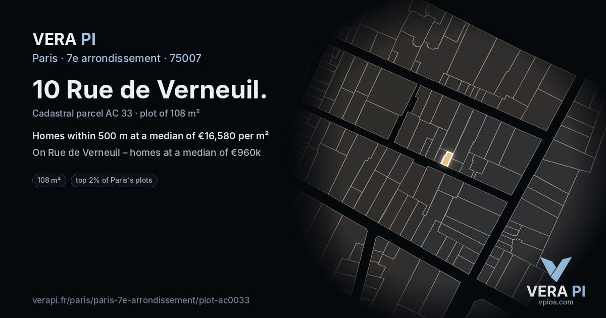 10 Rue de Verneuil, 7e arrondissement at night – the plot lit, the parcels around coloured by the prices near them